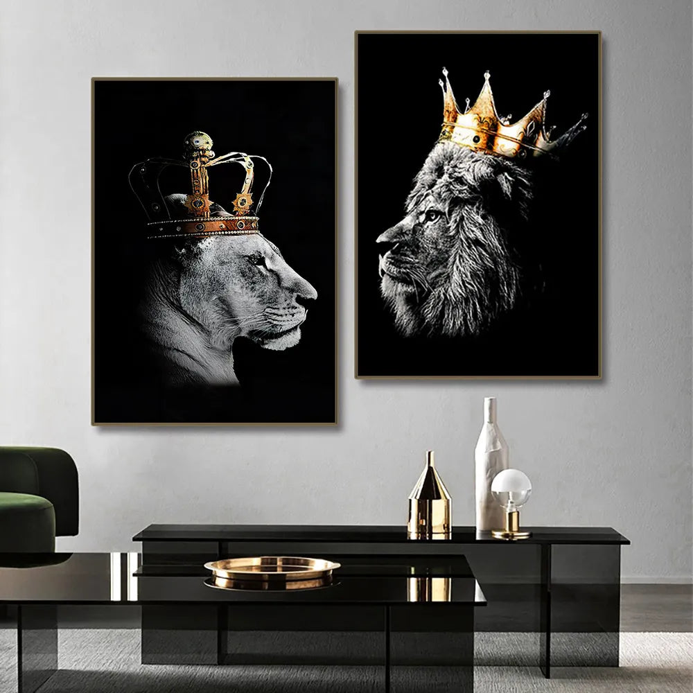 Black White Golden Lion King Queen Wall Art Fine Art Canvas Prints Modern Pictures For Luxury Living Room Bedroom Wall Art Decoration