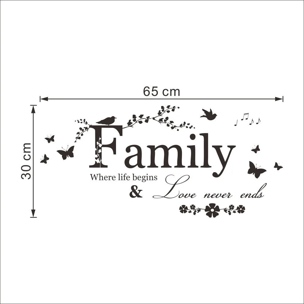 Family Quote Wall Decal Where Life Begins Love Never Ends Inspirational Words Wall Decor For Living Room Removable PVC Vinyl Creative DIY Decor