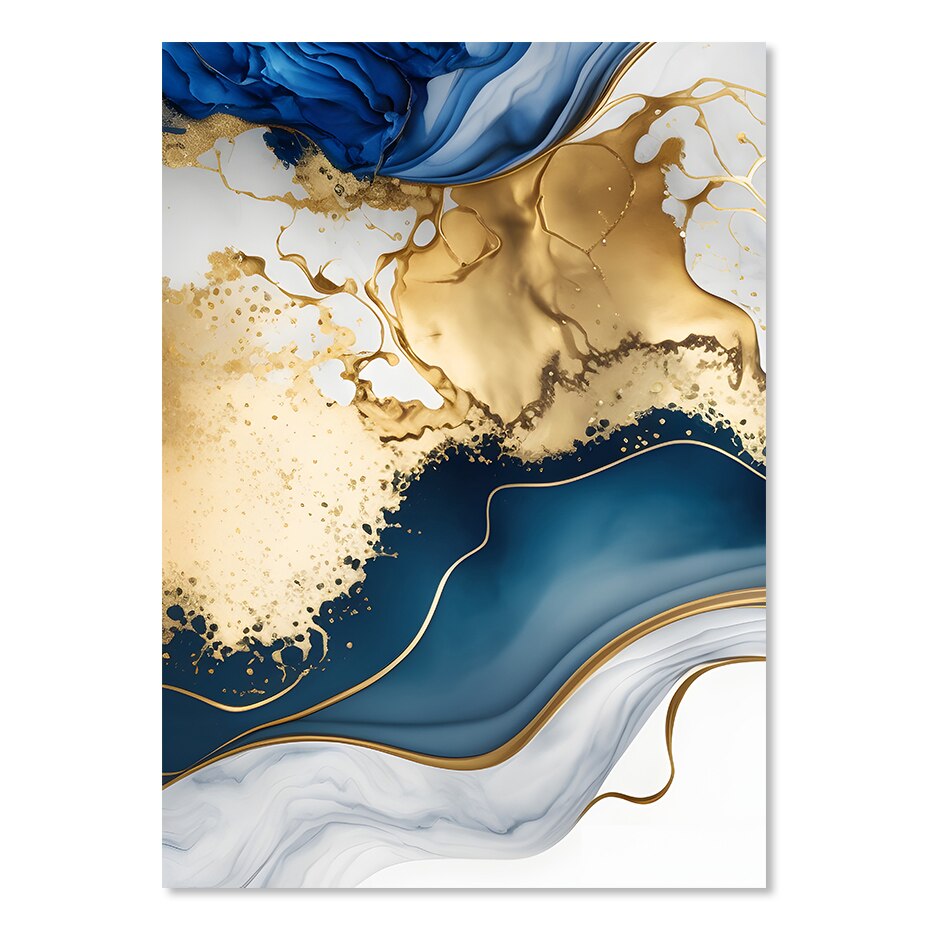Abstract Liquid Blue Golden Marble Print Wall Art Fine Art Canvas Prints Pictures For Modern Living Room Bedroom Home Office
