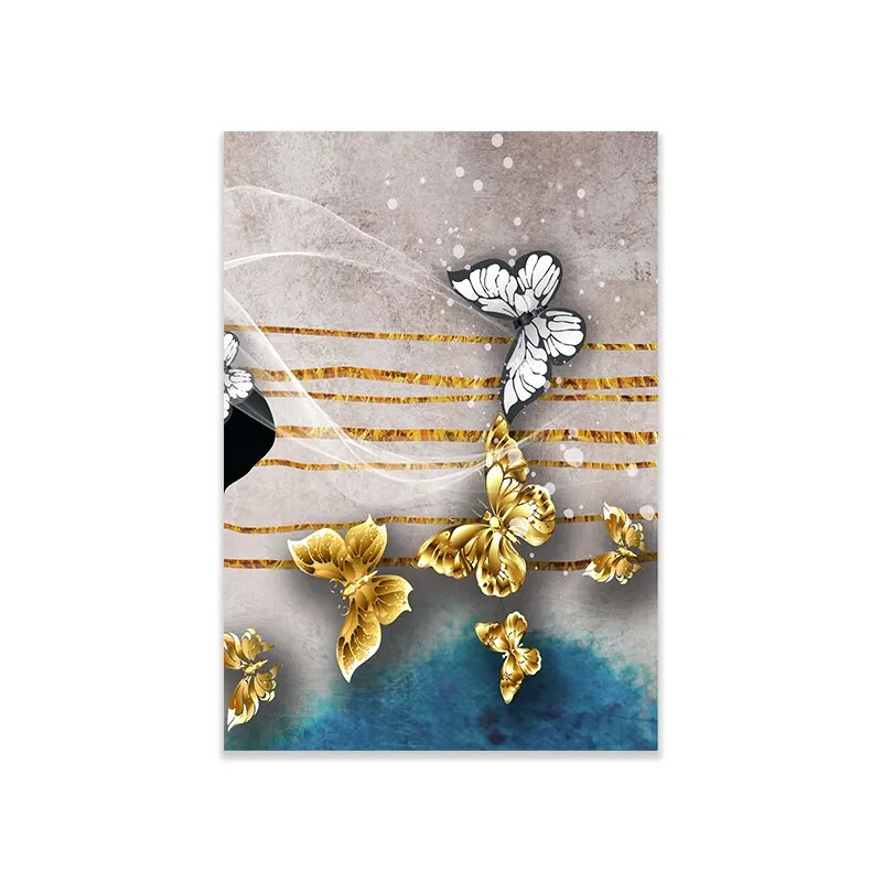 Blue Golden Butterflies Abstract Geometry Wall Art Fine Art Canvas Prints Modern Abstract Auspicious Pictures For Living Room Wall Decor