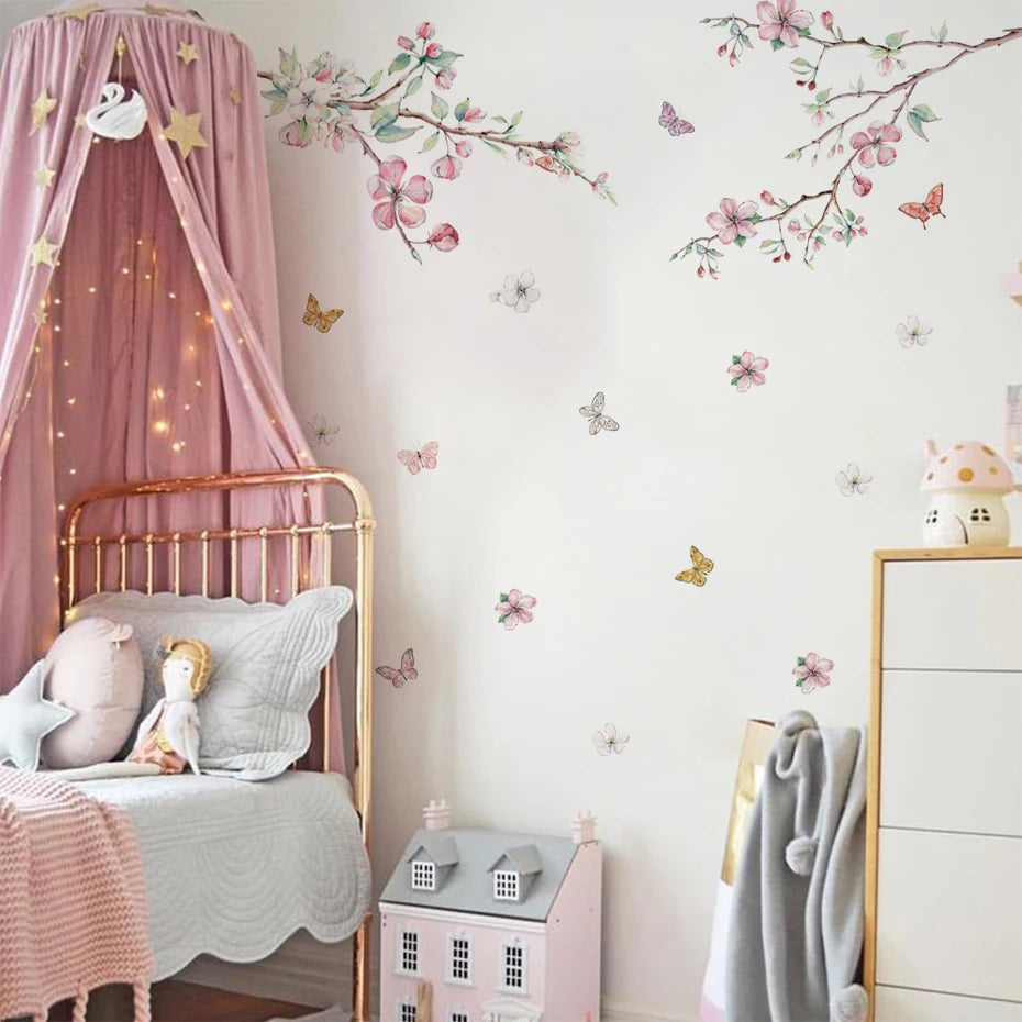 Pink Flower Butterfly Tree Branch Wall Mural Sticker Removable Peel & Stick PVC Wall Decal For Kid's Nursery Room Creative DIY Home Decoration