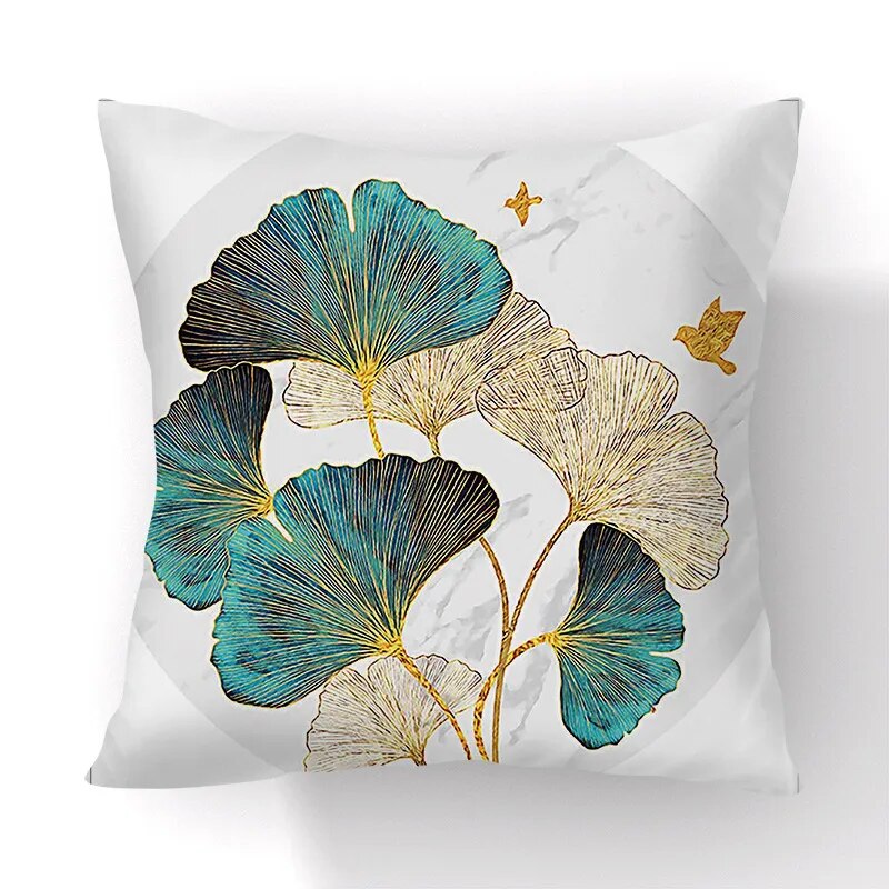 Golden Green Ginkgo Leaf Pillows Case 45X45cm Polyester Sofa Throw Cushion Cover Lucky Leaf Geometry Pillowcase For Home Decor