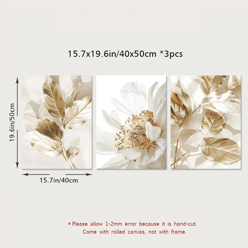 3PCS Modern White Floral Golden Leaves Posters Wall Art Canvas Painting Prints Pictures Living Room Interior Home Decoration
