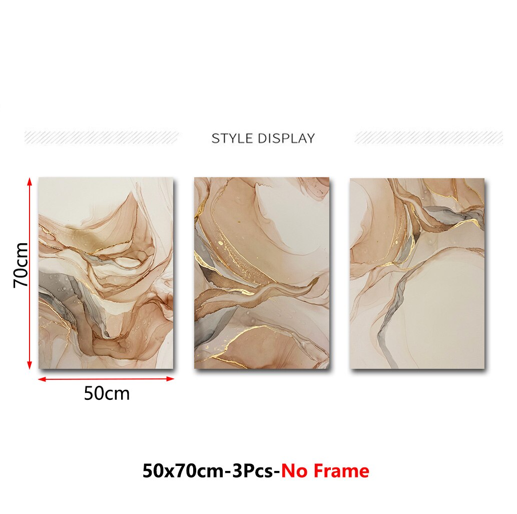 * Featured Sale * Set of 3Pcs Golden Beige Liquid Marble Wall Art Fine Art Canvas Prints Modern Abstract Pictures For Living Room Bedroom Decor