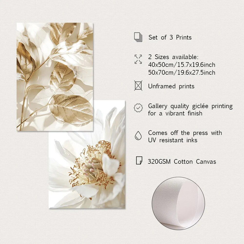 3PCS Modern White Floral Golden Leaves Posters Wall Art Canvas Painting Prints Pictures Living Room Interior Home Decoration