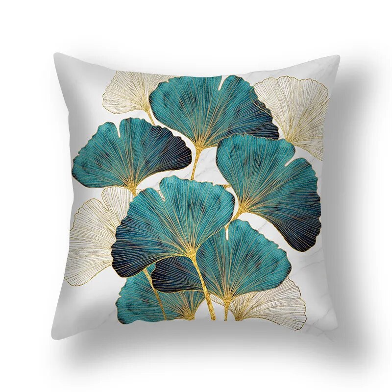 Auspicious Jade Green Golden Leaf Pillow Cushion Covers 45x45cm Printed Sofa Throw Cushion Cases For Living Room Bedroom Modern Home Decor