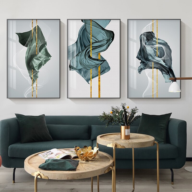 Modern Abstract Green Blue Golden Flowing Nordic Wall Art Fine Art Canvas Prints Pictures For Living Room Dining Room Bedroom Art Decor