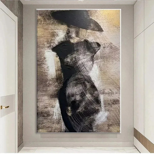 Modern Abstract Black Dress Hat Girl Fashion Wall Art Fine Art Canvas Prints Pictures For Living Room Dining Room Bedroom Salon Art Decor