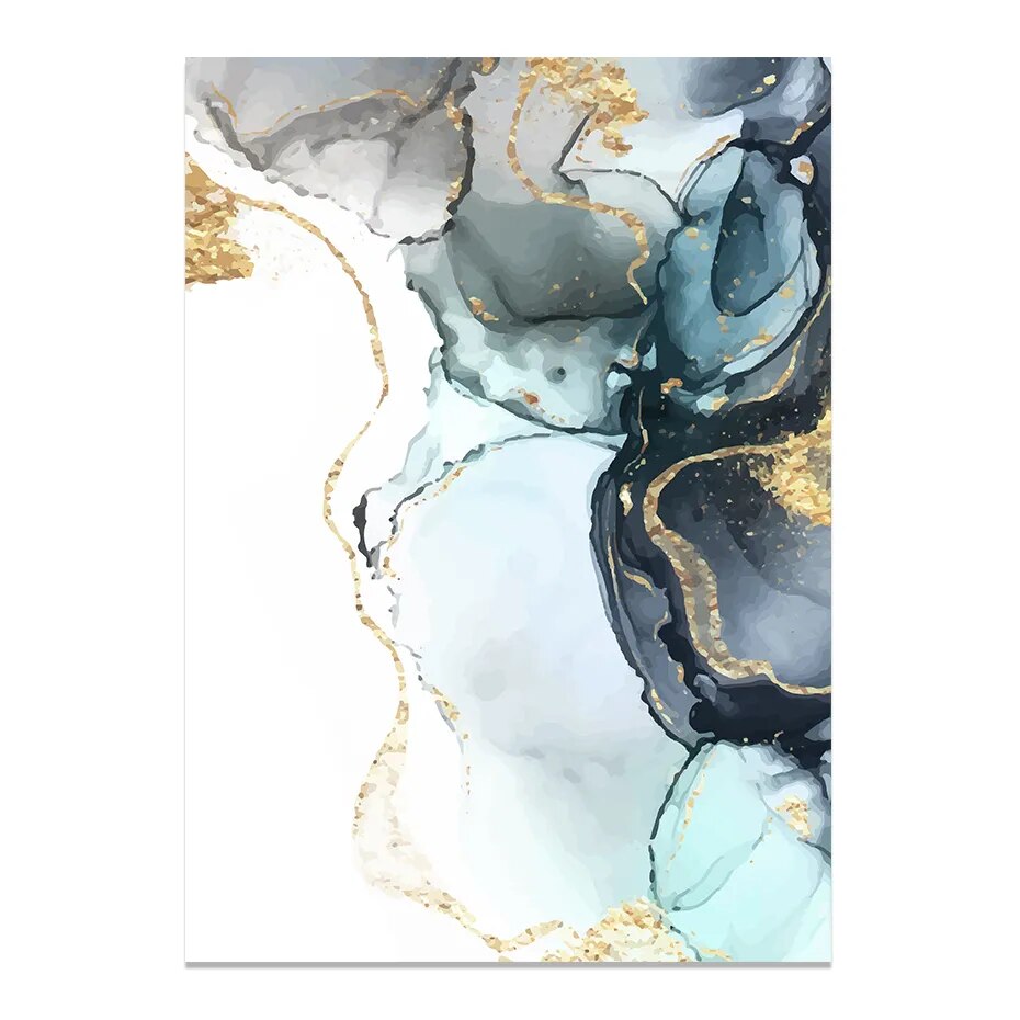 Nordic Abstract Shades Of Golden Blue Liquid Marble Print Wall Art Fine Art Canvas prints For Living Room Dining Room Bedroom Art Decor