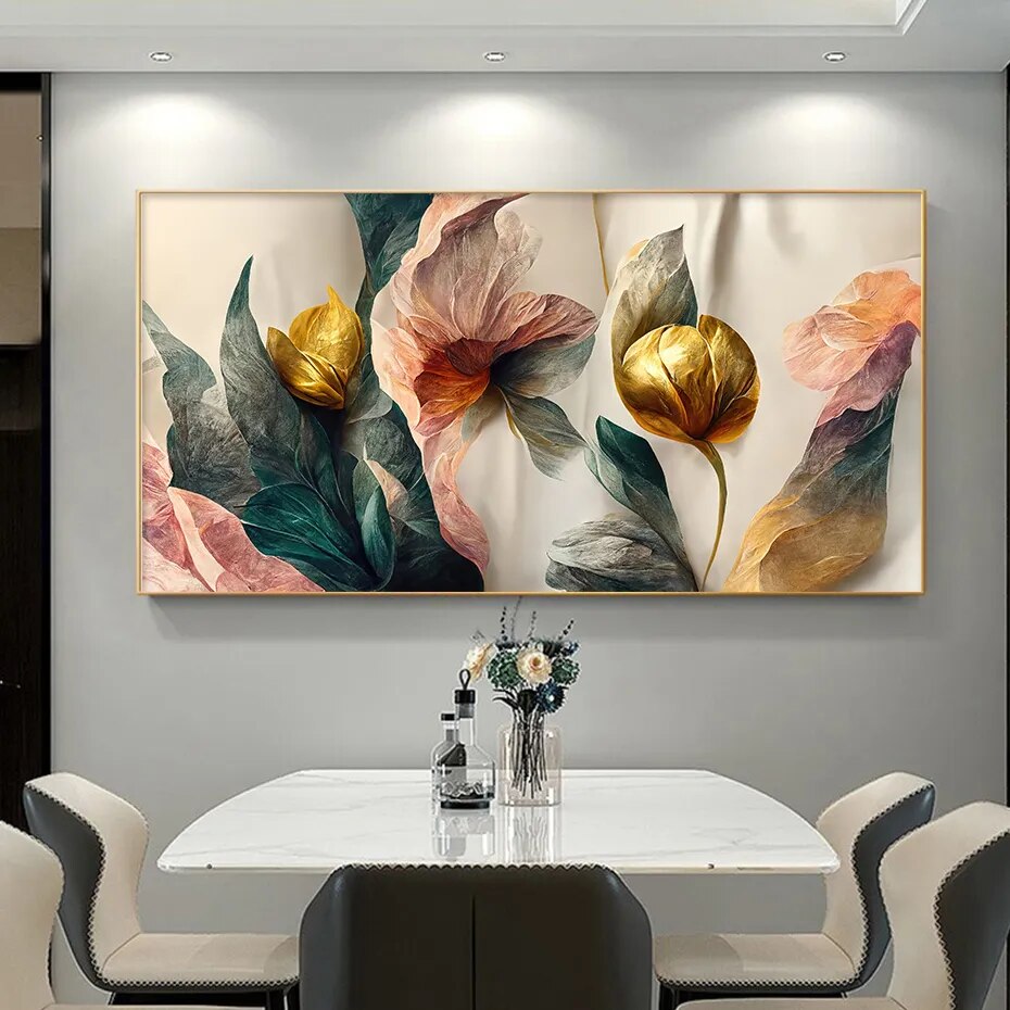 Big Abstract Floral Pink Beige Golden Flowers Wall Art Fine Art Canvas Print Wide Picture For Living Room Dining Room Bedroom Art Decor