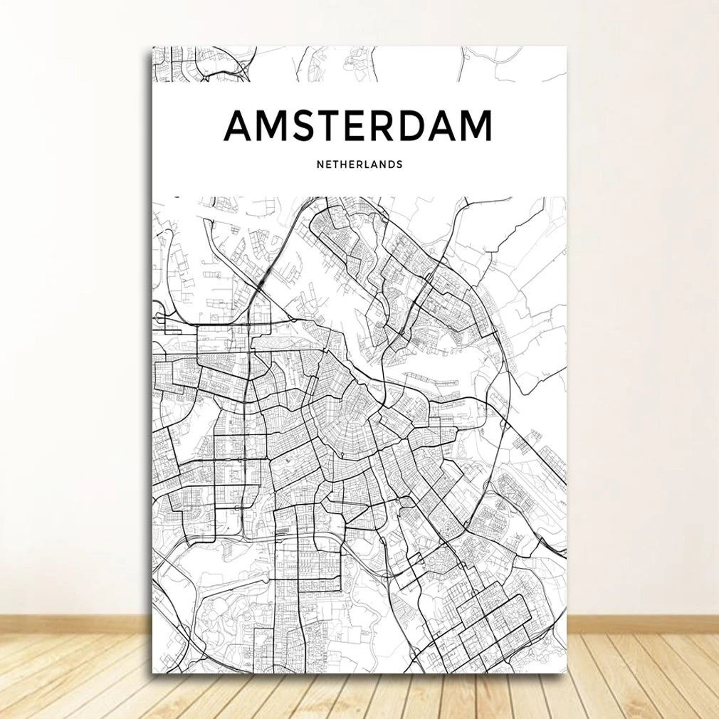 London Paris New York Amsterdam City Map Wall Art Fine Art Canvas Prints Black White Posters Pictures For Living Room Home Office Decor