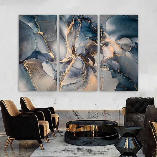 Abstract Golden Blue Liquid Marble Print Wall Art Fine Art Canvas Prints Pictures For Modern Living Room Bedroom Home Office Decor