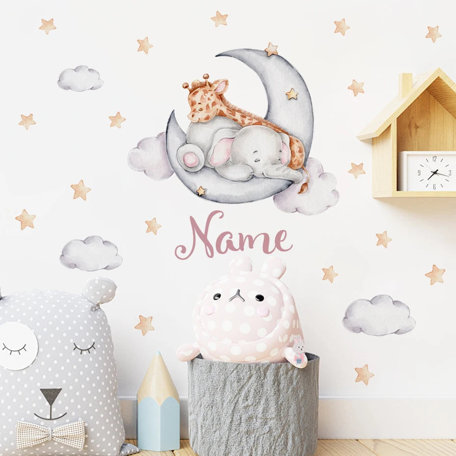 Personalized Baby's Name Wall Sticker For Nursery Room Cute Elephant Giraffe Moon & Stars Removable PVC Wall Decal For Kid's Room Wall Decor