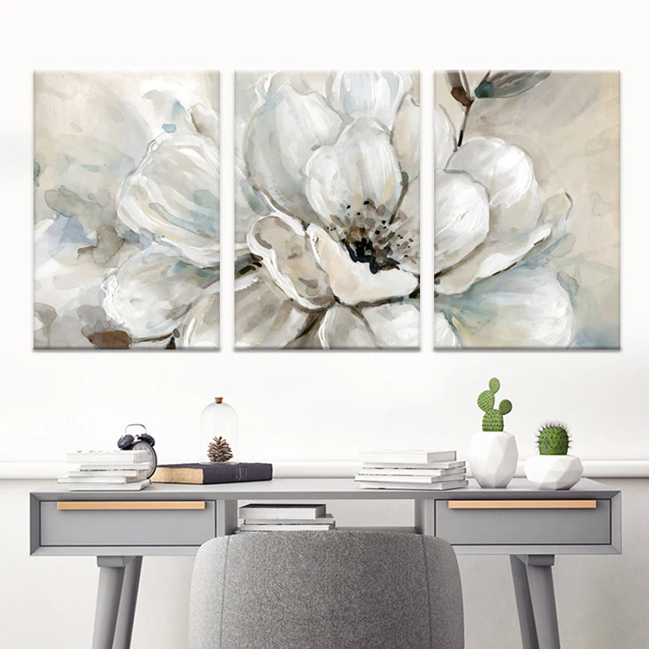 Big Beige White Floral Wall Art Fine Art Canvas Prints Modern Botanical Pictures For Living Room Dining Room Bedroom Art Decor