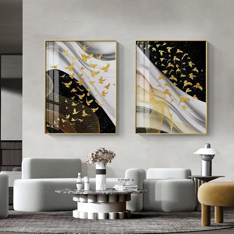 Modern Abstract Birds Flowing Wall Art Fine Art Canvas Prints Black White Nordic Golden Pictures For Luxury Apartment Living Room Home Office Decor