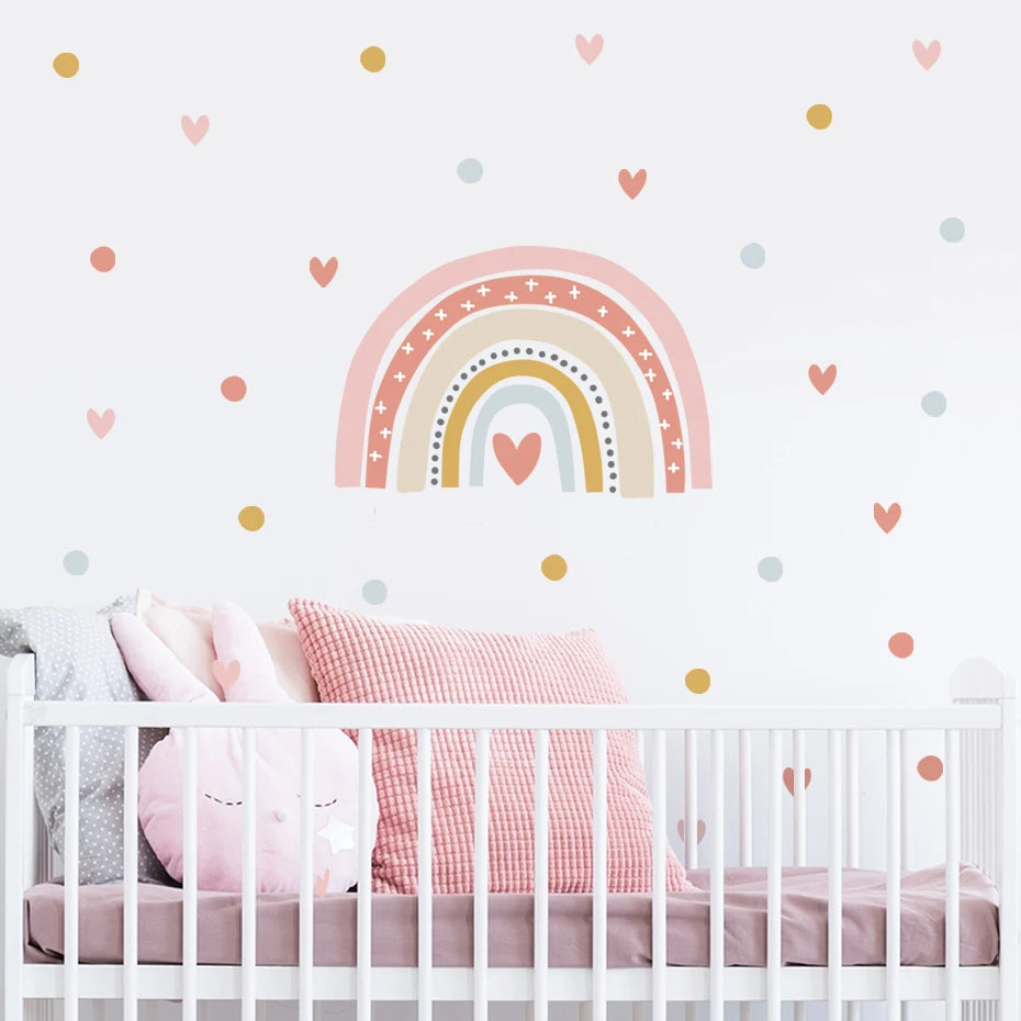 Cute Pink Rainbow Love Hearts Nursery Wall Decals Removable Self Adhesive PVC Wall Stickers Baby Girl's Room Creative DIY Home Decor