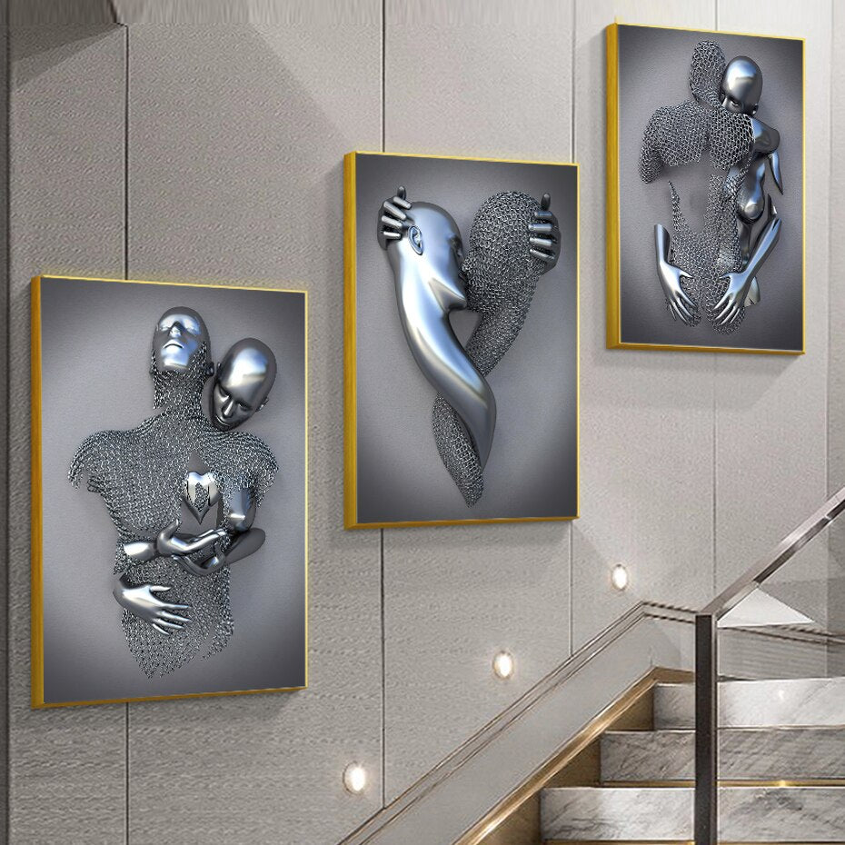 Gray Metallic 3d Effect Cyborg Lovers Figure Art Wall Art Fine Art Canvas Prints Abstract Pictures For Modern Loft Living Room Decor