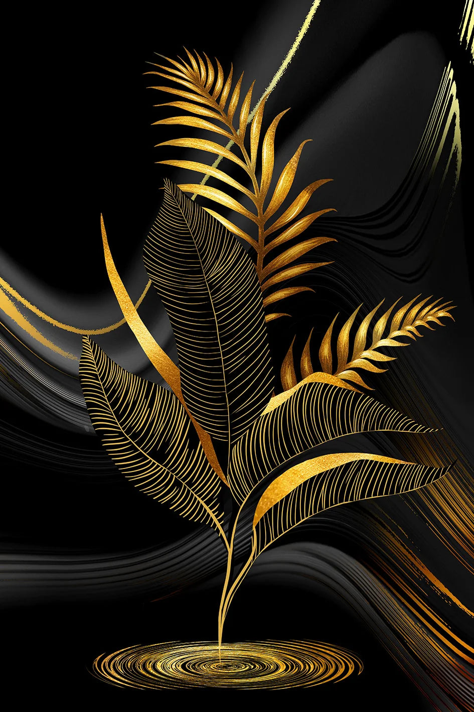* Featured Sale * Exotic Tropical Botanical Black Golden Leaves Wall Art Fine Art Canvas Prints Pictures For Luxury Living Room Bedroom Boutique Hotel Decor