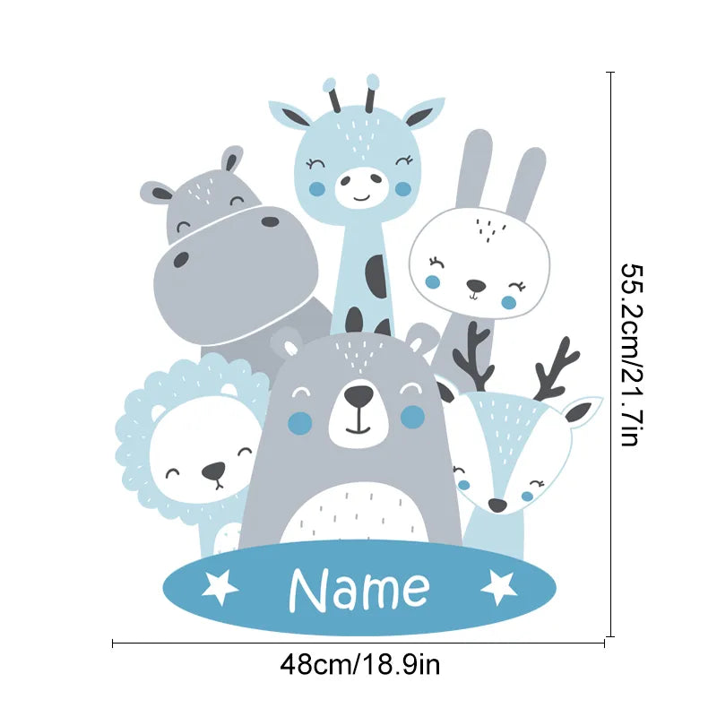 Cute Animals Baby Hippo Bear Lion Fox Deer Personalized Baby's Name Wall Decals Removable Peels & Stick PVC Wall Stickers For Nursery Wall Decor