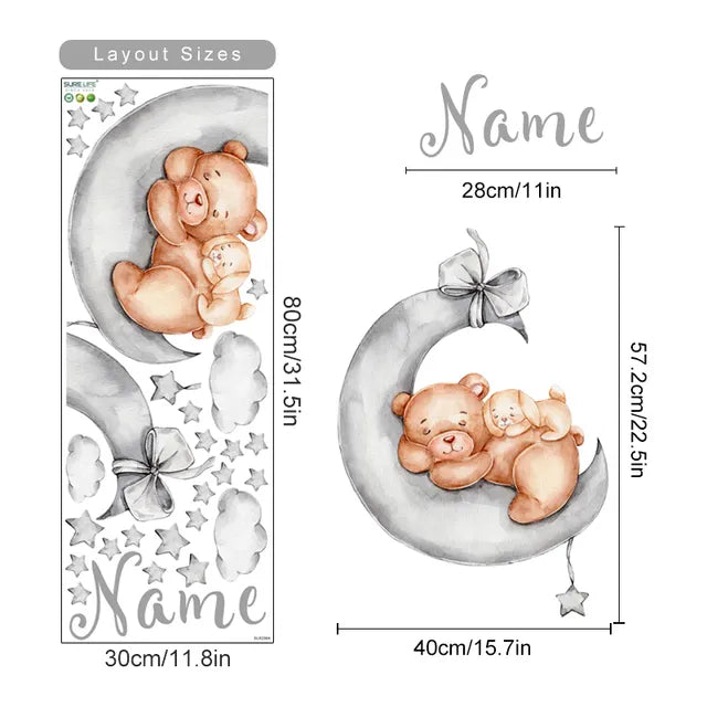 Personalized Bear Balloons Baby's Name Wall Decals For Nursery Room Removable Peel & Stick PVC Wall Stickers For Creative DIY Home Decor