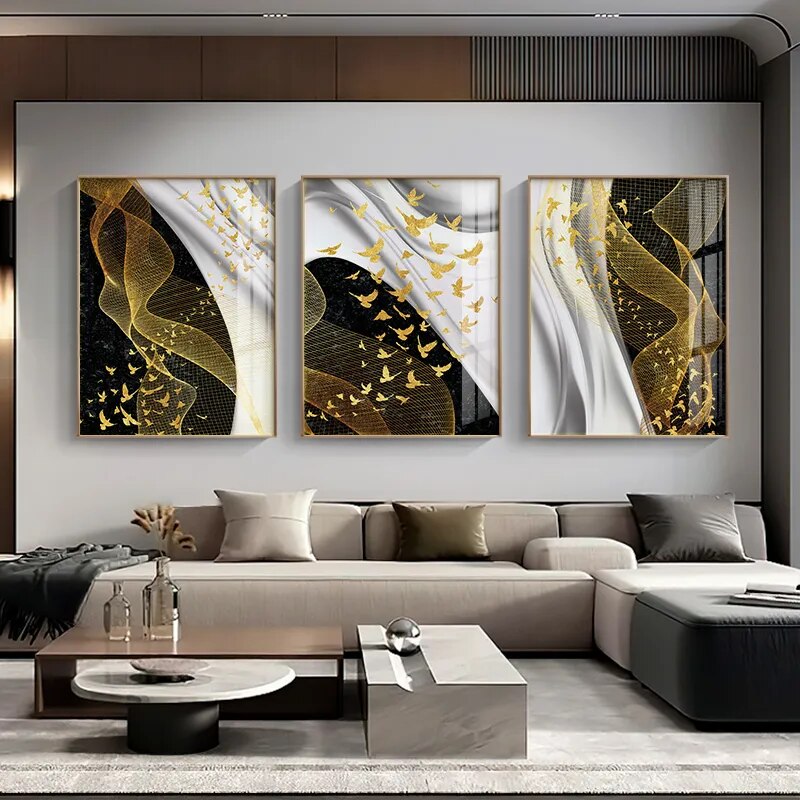 Modern Abstract Birds Flowing Wall Art Fine Art Canvas Prints Black White Nordic Golden Pictures For Luxury Apartment Living Room Home Office Decor