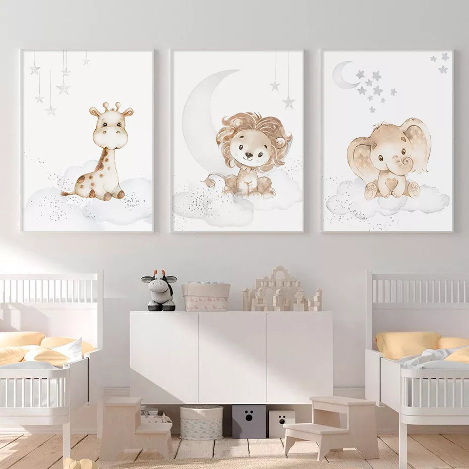 Baby Elephant Monkey And Friends African Animals Nursery Wall Art Fine Art Canvas Prints Cute Pictures For Baby's Room Kids Room Wall Decor