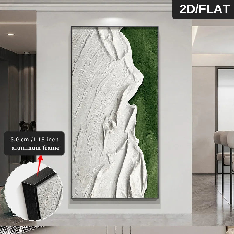 FRAMED Abstract Green White Organic Textural Concept Wall Art - Big Sizes Canvas Prints + Slim Bezel Black Metal Frame