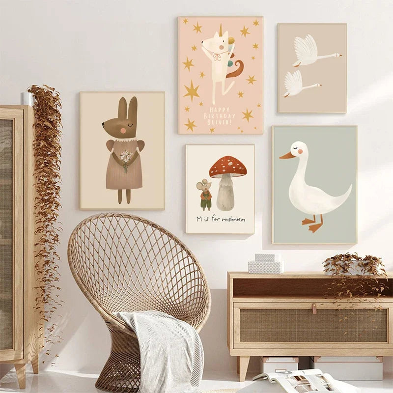 Cute Baby Animals Nursery Wall Art Illustrations Fine Art Canvas Prints Geese Mouse Lion Polar Bear Poster Pictures For Baby's Room Wall Decor