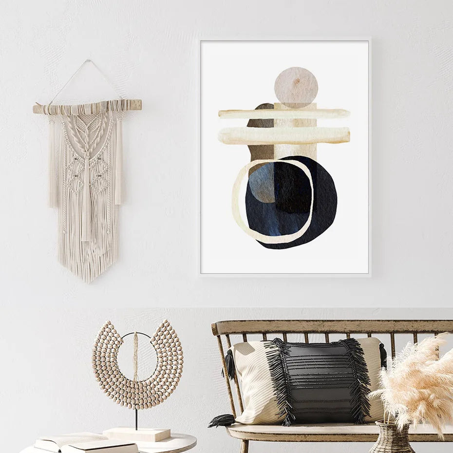 Neutral Colors Blue Brown Beige Watercolor Abstract Geometric Wall Art Fine Art Canvas Prints Pictures For Living Room Dining Room Bedroom Art Decor