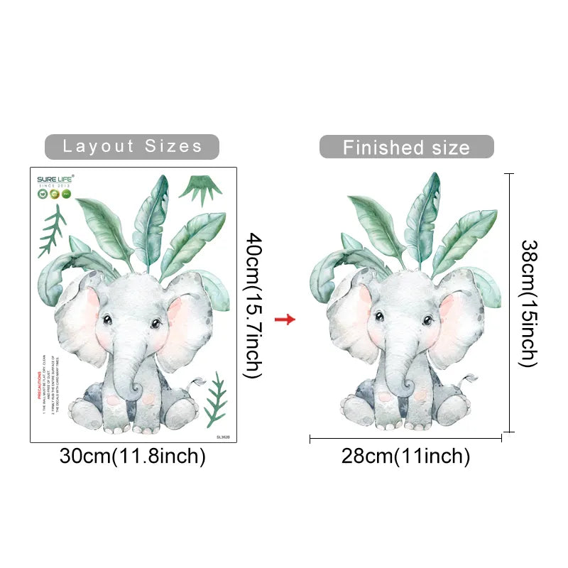 Cartoon Jungle Animals Leaves Watercolor Vinyl Wall Stickers for Kids Room Baby Nursery Room Decoration Elephant Giraffe Sticker