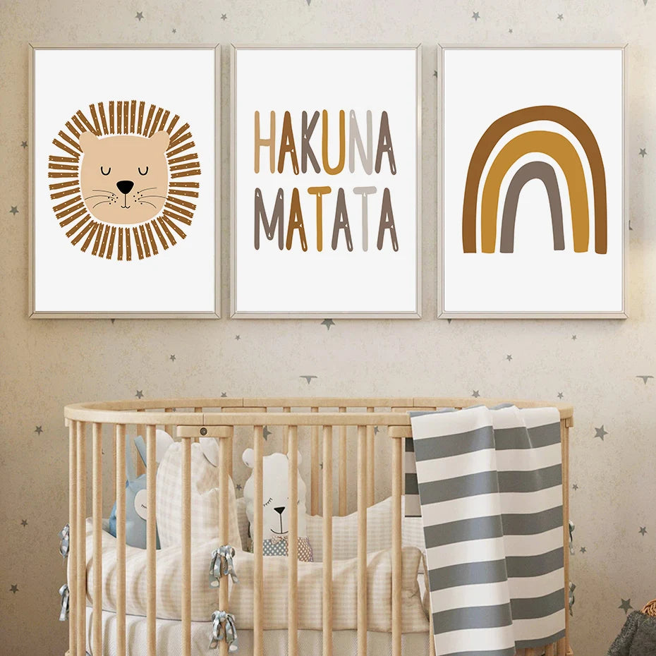 Personalized Nordic Nursery Wall Art Cute Lion Tiger Giraffe Rainbow Safari Fine Art Canvas Prints Pictures For Baby's Room Children's Room Decor