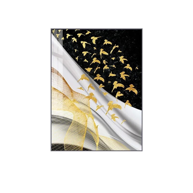Modern Abstract Birds Flowing Wall Art Fine Art Canvas Prints Black White Nordic Golden Pictures For Luxury Apartment Living Room Home Office Decor