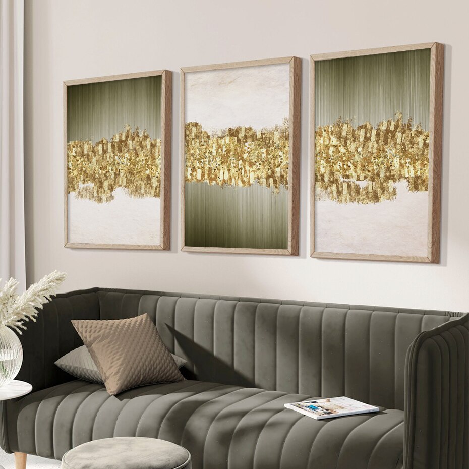 Modern Abstract Green Golden Rain Wall Art Fine Art Canvas Prints Chic Pictures For Luxury Apartment Living Room Salon Art Decor