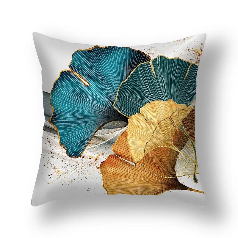 Auspicious Jade Green Golden Leaf Pillow Cushion Covers 45x45cm Printed Sofa Throw Cushion Cases For Living Room Bedroom Modern Home Decor