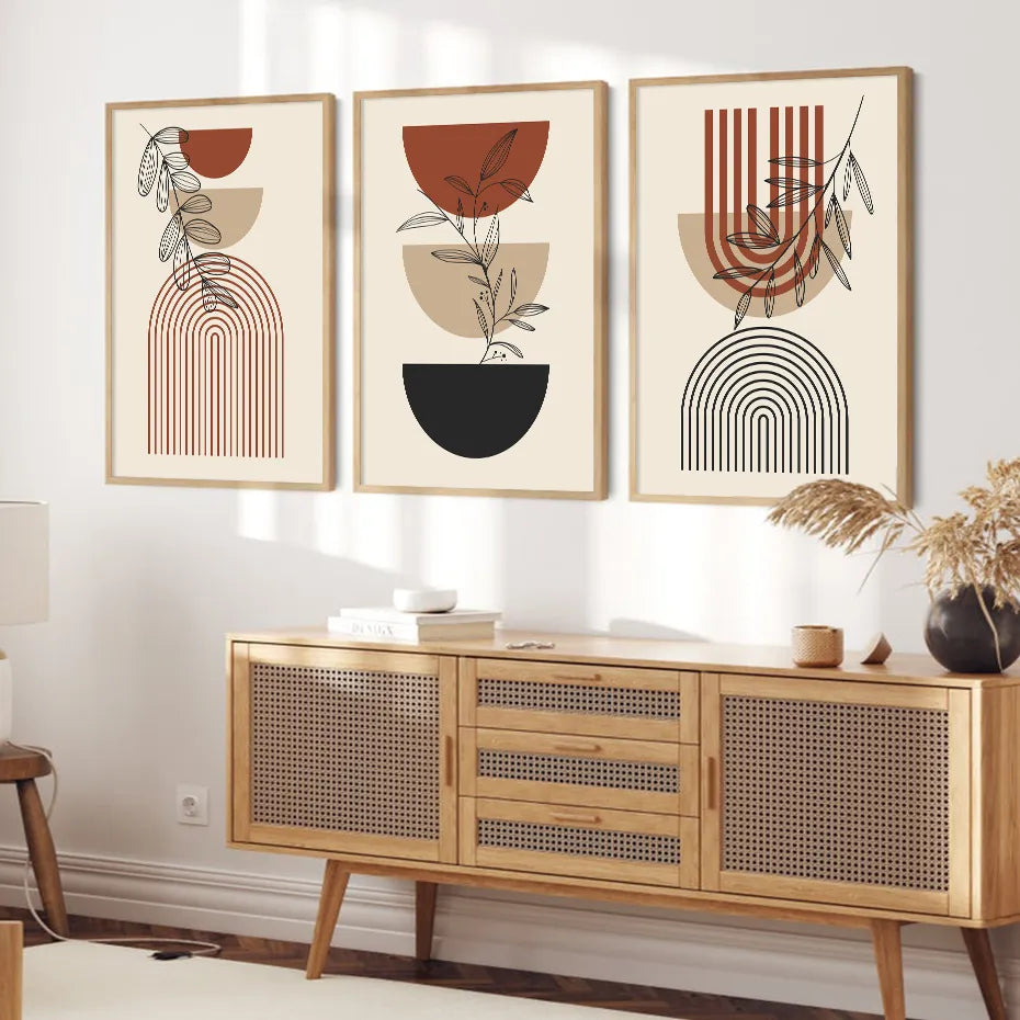 3pcs Modern Abstract Green Plants Leaf Sun Lines Wall Boho Art Canvas Painting Posters Prints Pictures Living Room Decor Gifts