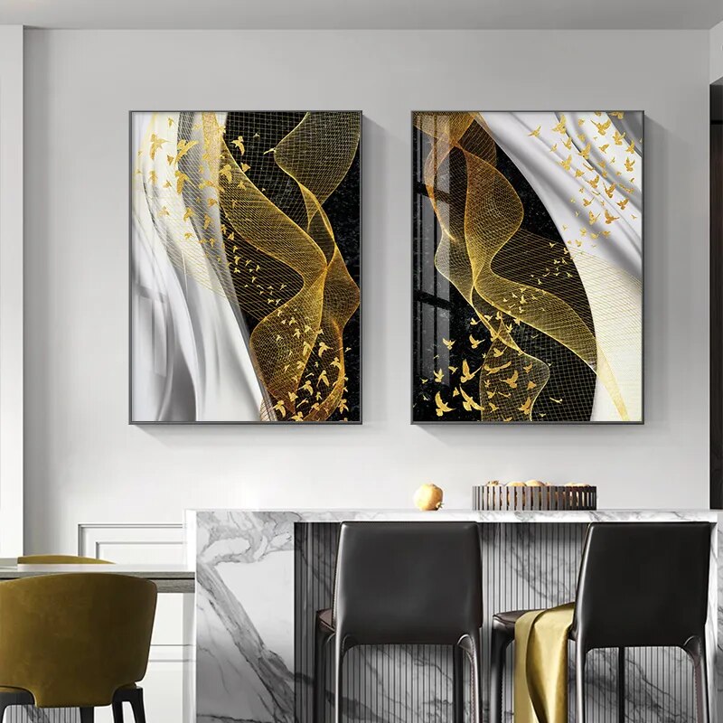 Modern Abstract Birds Flowing Wall Art Fine Art Canvas Prints Black White Nordic Golden Pictures For Luxury Apartment Living Room Home Office Decor