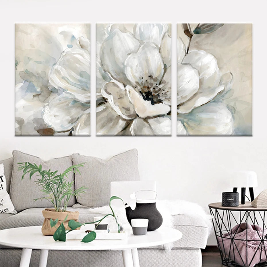 Big Beige White Floral Wall Art Fine Art Canvas Prints Modern Botanical Pictures For Living Room Dining Room Bedroom Art Decor