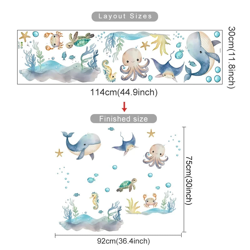 Sea Horse Turtle Whale Wall Ocean Animals Decals Removable PVC Vinyl Wall Sticker For Children's Nursery Room Kid's Playroom Creative Decor