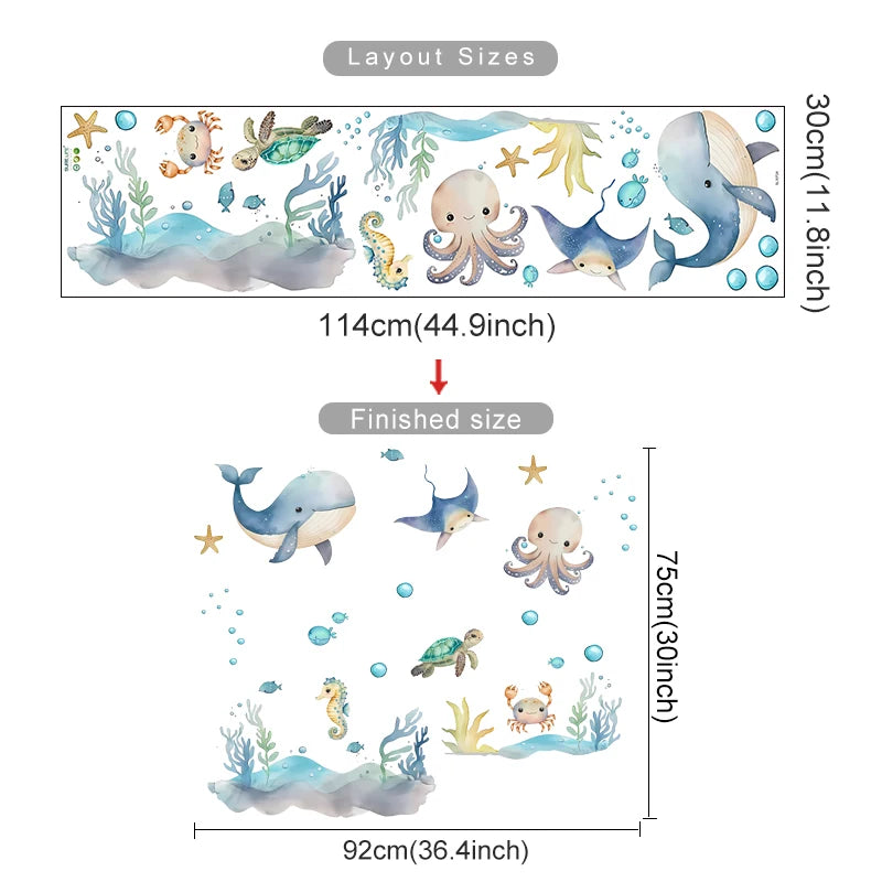 Cute Marine Animals Whale Turtle Octopus Wall Decals For Children's Nursery Room Underwater World Peel & Stick Wall Stickers For Creative DIY Home Decor