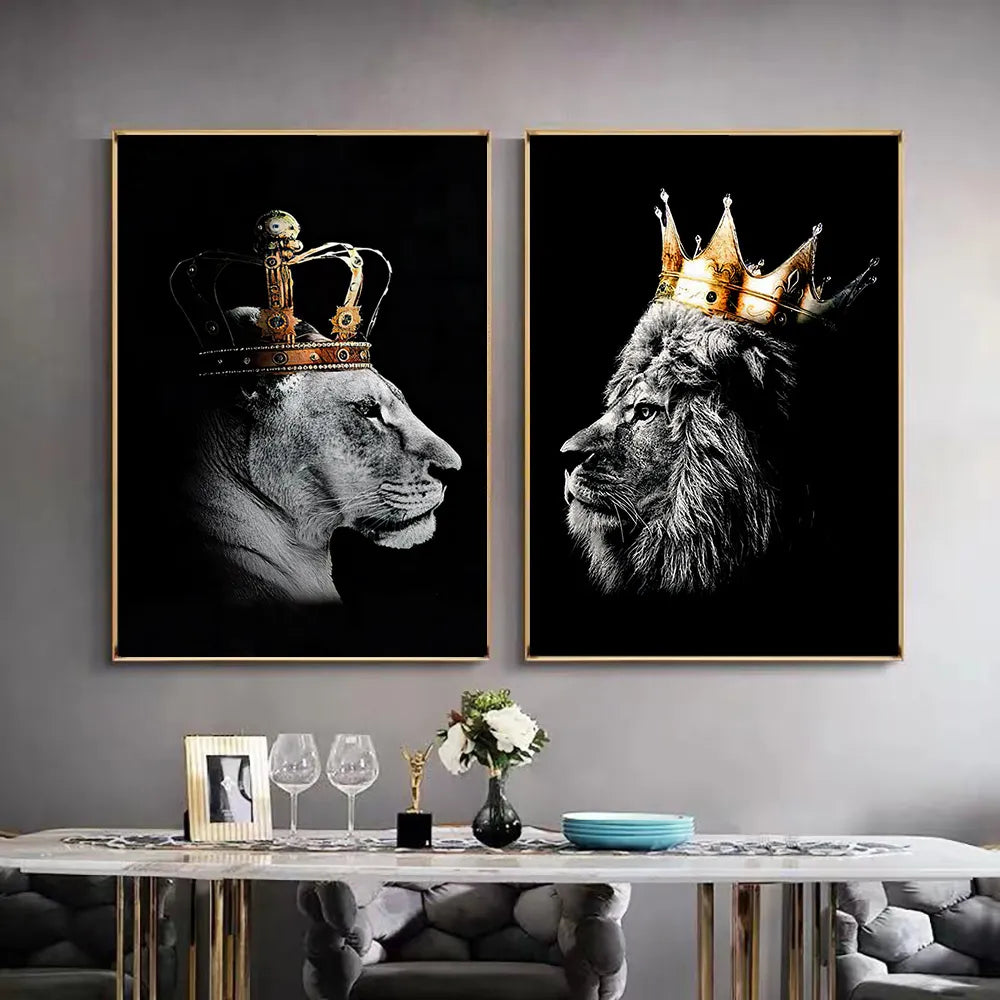 Black White Golden Lion King Queen Wall Art Fine Art Canvas Prints Modern Pictures For Luxury Living Room Bedroom Wall Art Decoration