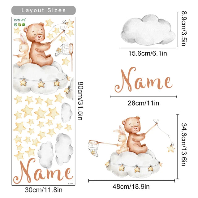 Personalized Bear Balloons Baby's Name Wall Decals For Nursery Room Removable Peel & Stick PVC Wall Stickers For Creative DIY Home Decor