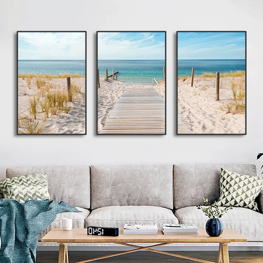 * Featured Sale * Set of 3PCS Blue Sea Sandy Beach Wall Art Fine Art Canvas Prints Inspirational Seascape Pictures Of Calm For Living Room