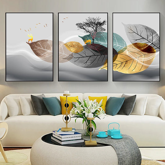 Set of 3PCS Golden Autumn Deer Wall Art Fine Art Canvas Prints Nordic Abstract Landscape Pictures For Living Room Decor