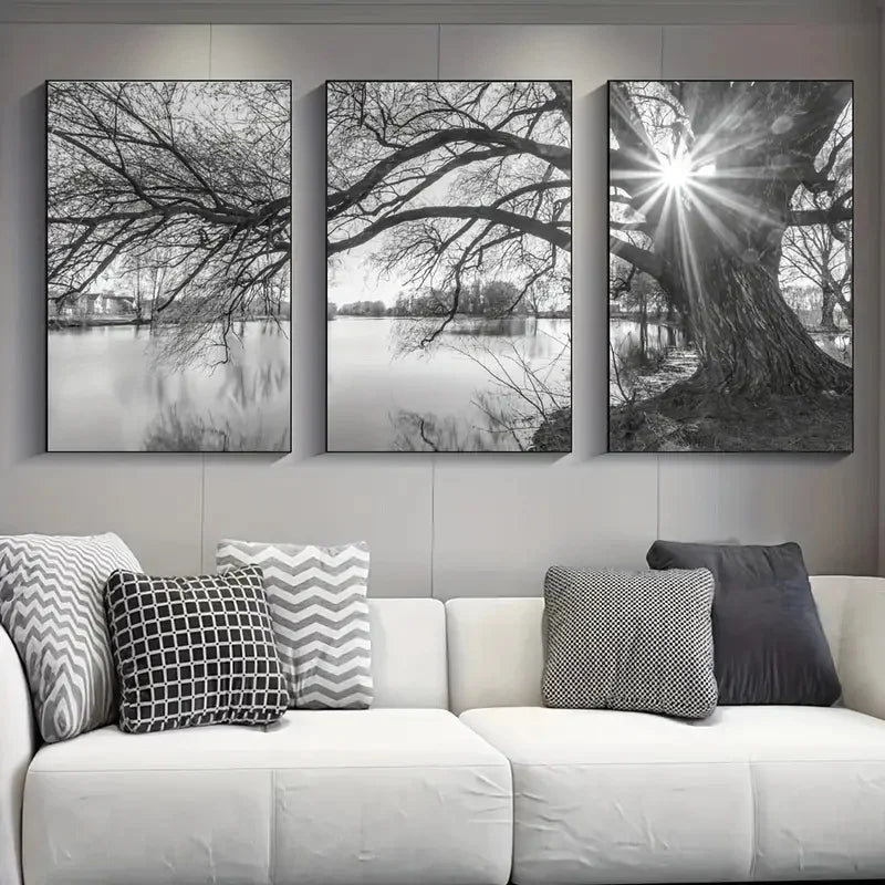 Set of 3Pcs Big Tree Lake Sunset Wall Art Fine Art Canvas Prints Black & White Landscape Pictures For Living Room Bedroom Dining Room Art Decor