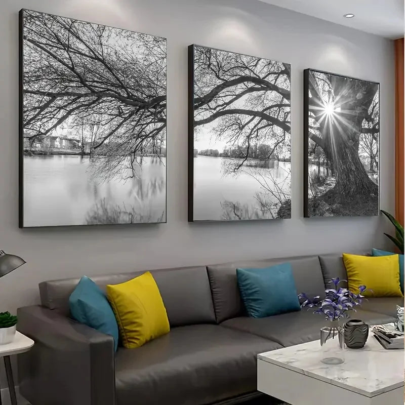 Set of 3Pcs Big Tree Lake Sunset Wall Art Fine Art Canvas Prints Black & White Landscape Pictures For Living Room Bedroom Dining Room Art Decor