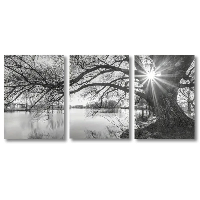 Set of 3Pcs Big Tree Lake Sunset Wall Art Fine Art Canvas Prints Black & White Landscape Pictures For Living Room Bedroom Dining Room Art Decor