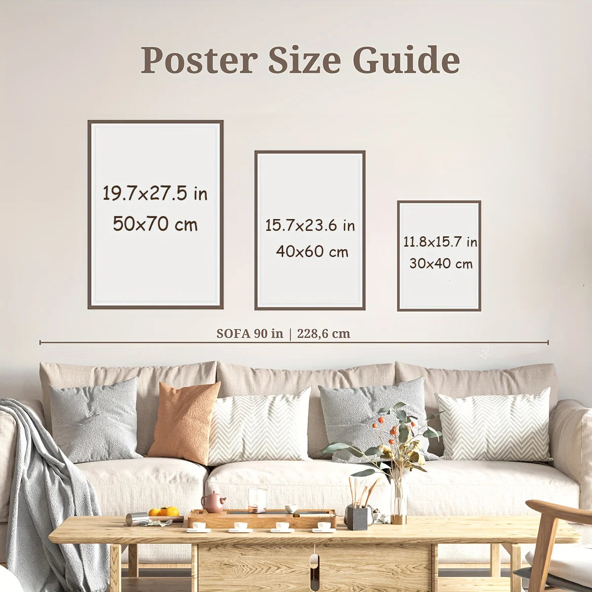 Poster size guide with framed posters on a wall above a sofa
