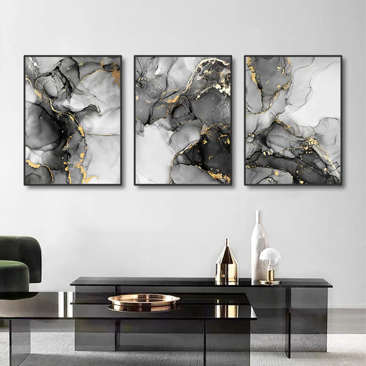 Set of 3Pcs Black White Golden Marble Print Wall Art Fine Art Canvas Prints Pictures For Living Room Dining Room Office Art For Modern Interiors