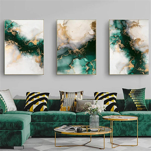 Set of 3Pcs Chic Abstract Green Golden Marble Print Wall Art Fine Art Canvas Prints Pictures For Living Room Dining Room Light Luxury Art For Modern Apartment