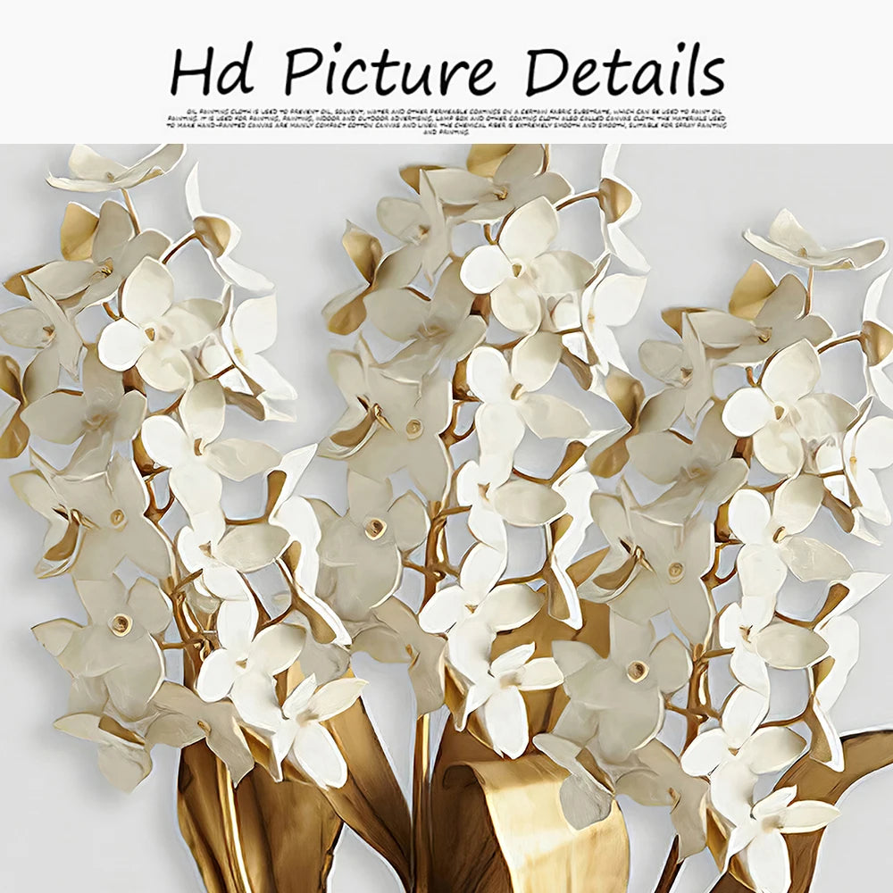 Decorative wall art with white flowers and gold leaves on a white background